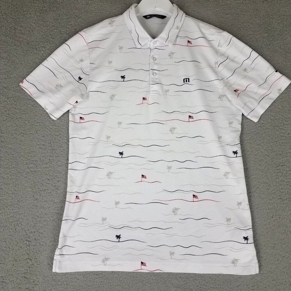 Travis Mathew Polo Shirt Adult Medium White American Flag Hawaiian Palm Tree 4th